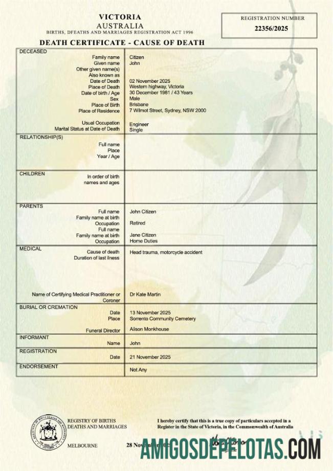 Para baixar modelo PSD de certidão de óbito de Victoria na Austrália